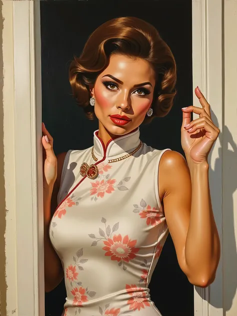 Impressionist cubism painting of a beautiful Raquel Welch 1966, beautiful 1960s brunette bouffant hairstyle, emerging from a doorway, wearing a pastel satin qipao dress in a floral pattern, evocative makeup and mascara, false eyelashes, matching lipstick. ...