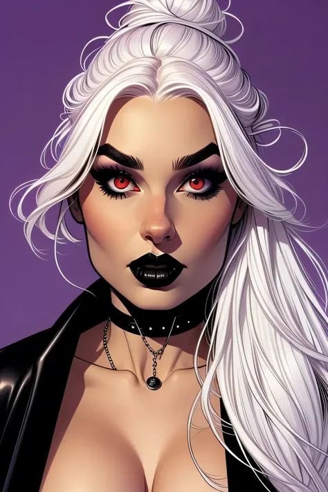 ((Female Vampire)), simple background, (white hair high bun, forehead), black thin eyebrows, red eyes, black eyelashes, black eyeliners, purple eyeshadows, nose, black lips, thick lips, parted lips, large breasts, female vampire dress, necklace, choker, lo...
