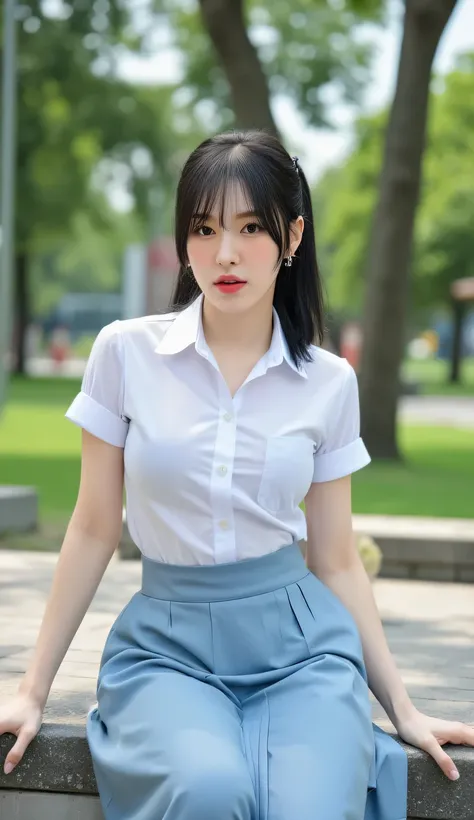 a woman, sitting strapping in a city park, shirt looks full body, body facing front, eyes looking at camera , wearing an indonesian school uniform,  Short-sleeved white shirt , long skirt of light blue color, big  size G-cup, thick red lips, seductive face...