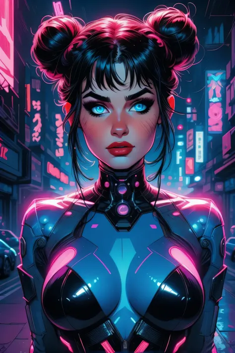 neon light in city, black bun kont top, black thin eyebrows, big glowing blue eyes, pink blush, bright red thick lipstick, perfect face, beautiful woman, medium breasts, (detailed eyes), ((cyberpunk)), neon light bodysuit
