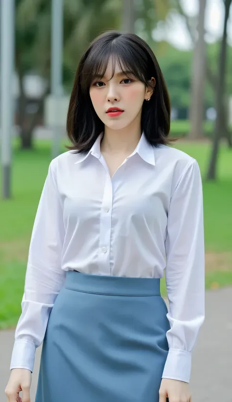 a woman, standing in the city park , shirt looks full body, body facing front, eyes looking at camera , wearing an indonesian school uniform, long skirt of light blue color, big  size G-cup, thick red lips, seductive face, black hair