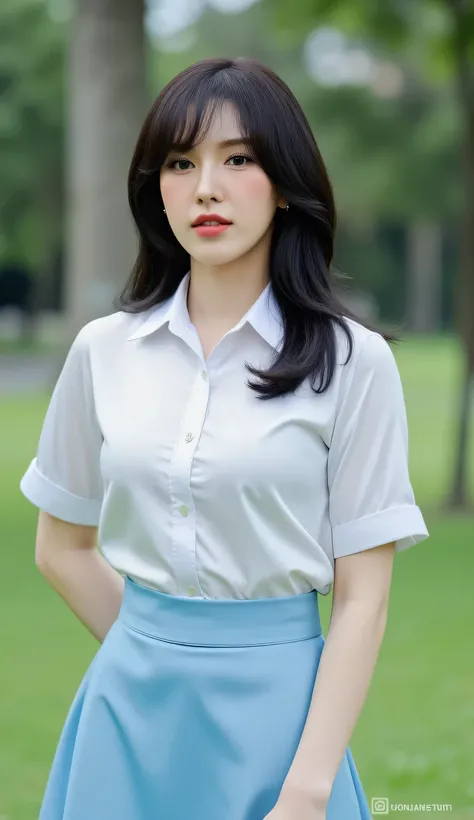 a woman, standing in the city park , shirt looks full body, body facing front, eyes looking at camera , wearing Indonesian school uniform short sleeve satin material white, long skirt in satin material light blue color, big  size G-cup, thick red lips, sed...