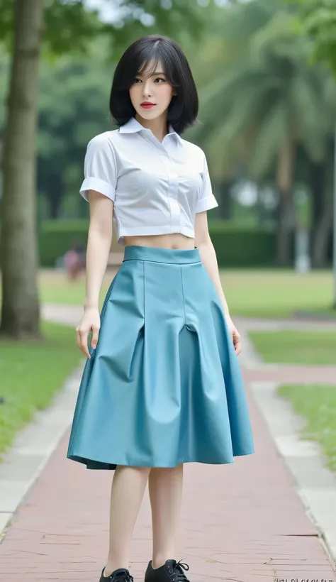 a woman, standing in the city park , shirt looks full body, body facing front, eyes looking at camera , wearing Indonesian school uniform short sleeve satin material white, long skirt satin material fishtail model light blue color, black sneakers, big  siz...
