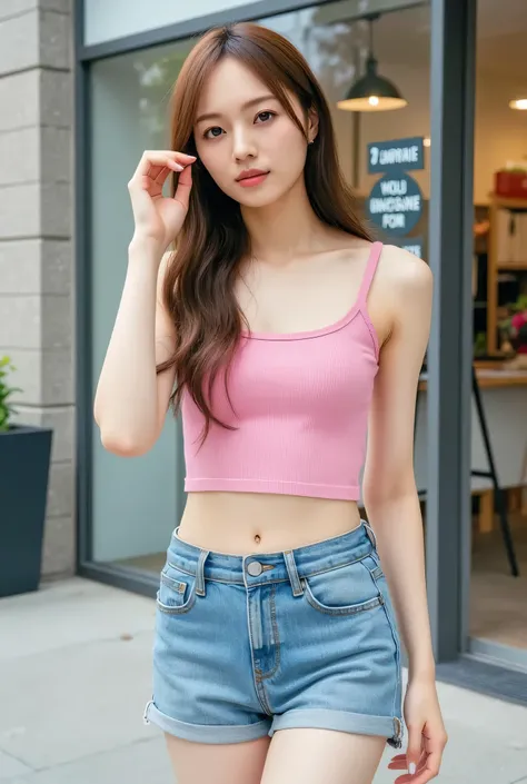 A woman wearing a pink top and denim shorts is standing in front of a building, brown hair and a perfect body, in street attire in bra and shorts , beautiful body and face , perfect body, flat torso , young and sweet girl , Sexy Girl Working At A Flow...