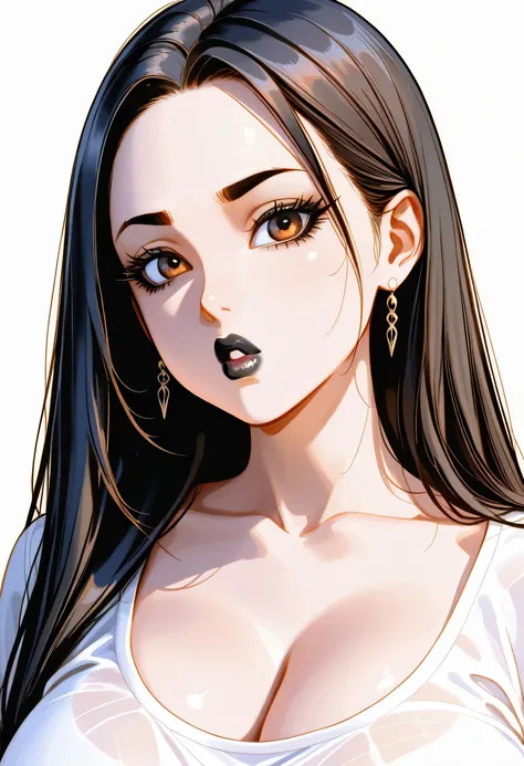 simple background, perfect face, slick back hair, black straight hair, thin eyebrows, black eyebrows, big eyes, brown eyes, black eyelashes, black eyeliners, thick lipstick, beautiful woman, collarbone, perfect big breasts, white shirt collar johnny