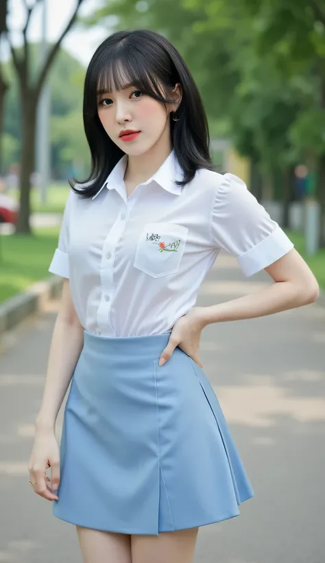 a woman, standing in the city park , shirt looks full body, body facing front, eyes looking at camera , wearing indonesian school uniform loose short sleeve satin material white, long skirt to tight leg \satin material light blue color, black sneakers, big...