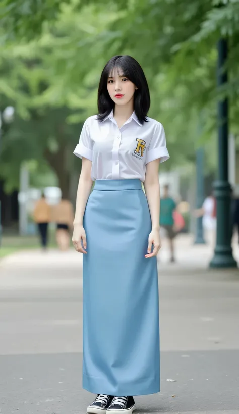 a woman, standing in the city park , shirt looks full body, body facing front, eyes looking at camera , wearing indonesian school uniform loose short sleeve satin material white, Long skirt to the legs tight satin material of light blue color, black sneake...