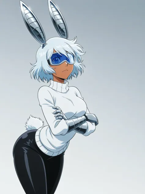 solo, metallic ears, crossed arms, short, goggles over eyes, blue eyes, robotic hands sleek reflective metallic, His robotic mechanisms plating is a combination of highly polished silver and chrome, dark skin, front view, solo, serious face, medium ass, me...