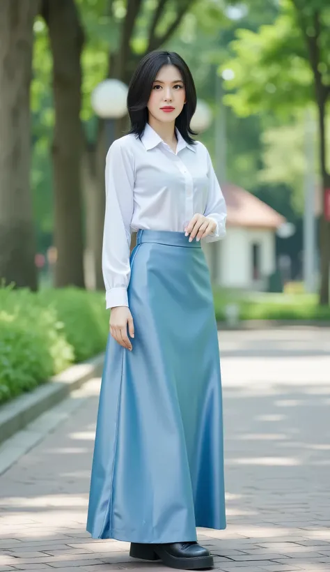 a woman, standing in the city park , shirt looks full body, body facing front, eyes looking at camera , wearing Indonesian Muslim school uniform long sleeve satin material white, Long skirt to the legs tight satin material of light blue color, black sneake...