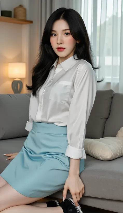 a woman, sitting upright in the living room, shirt looks full body, body facing front, eyes looking at camera , wearing Indonesian Muslim school uniform long sleeve satin material white, Long skirt to the legs tight satin material of light blue color, blac...