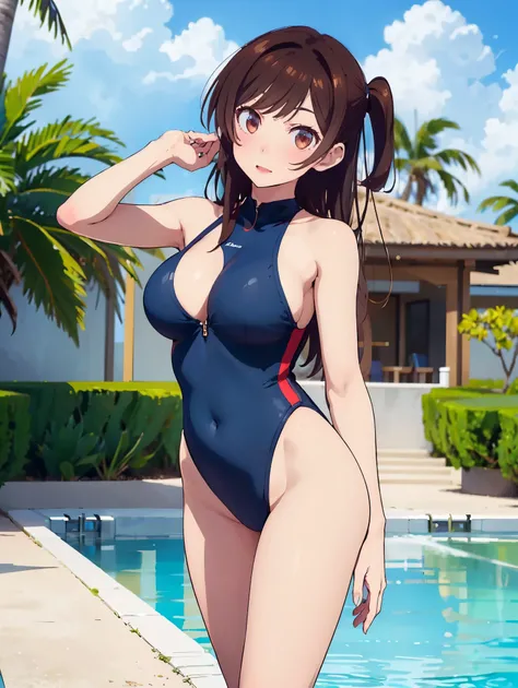 masterpiece, girl, Best Quality, CHIZURU MIZUHARA,        medium brown hair       , Big Breasts,  navy and white high-leg swimsuit、Sensual appearance、 sexual excitement、a thin open mouth, standing backwards、stick out her butt、point your face at the camera、...
