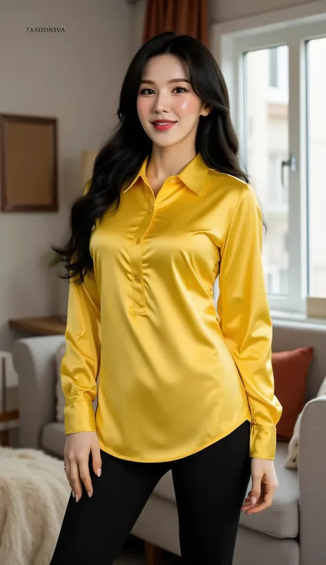 a woman, standing in the living room, shirt looks full body, body facing front, using long sleeve muslim shirt in yellow satin material, black color leggings, big size G-cup, thick hair of black color, seductive smiley face,