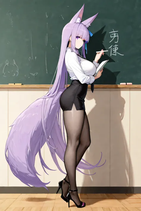 1girl, alternate costume, black footwear, black pantyhose, black skirt, breasts, chalk, chalkboard, classroom, closed mouth, collared shirt, earrings, feet, from side, full body, high heels, holding, indoors, jewelry, legs, long hair, long sleeves, looking...