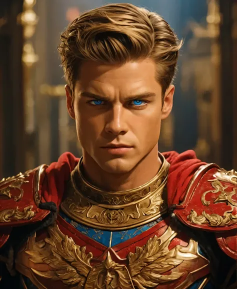 A General, he has blue eyes and brown hair. He is wearing full red armour. Realistic with cinematic vibe.