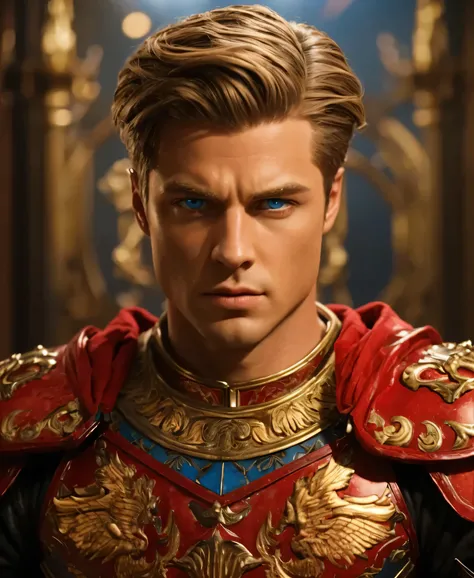 A General, he has blue eyes and brown hair. He is wearing full red armour. Realistic with cinematic vibe.