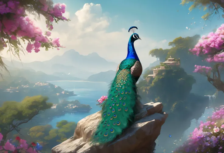Peacock standing on a rock with flowers in the background, BEAUTIFUL DIGITAL ART work, 4k highly detailed digital art, 8kSheer sleeves, beautiful 4K art, highly detailed digital art, highly detailed digital artwork, Advanced Digital Paint Details, BEAUT...