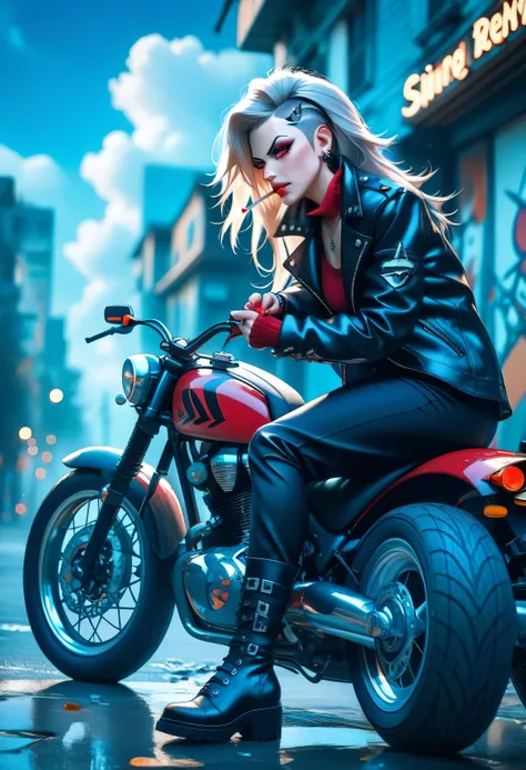 Loona from Helluva Boss leaning on a rusted motorcycle on a cracked infernal highway, flicking a cigarette, spiked leather jacket and combat boots, crimson dusk sky, wind tossing her hair, defiant glare, styled like (sakimichan), (score_9, score_8_up, scor...