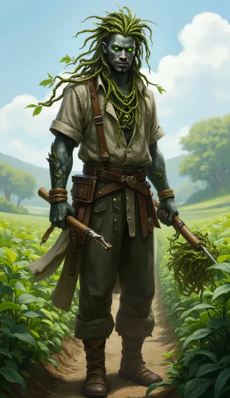 fantasy-inspired humanoid male character, Earth Genasi, working as a farmer, peaceful countryside setting, being with both human and elemental earth heritage, stone texture skin, soil, with earthy cracks, mineral-like veins, moss growing patches, faintly g...