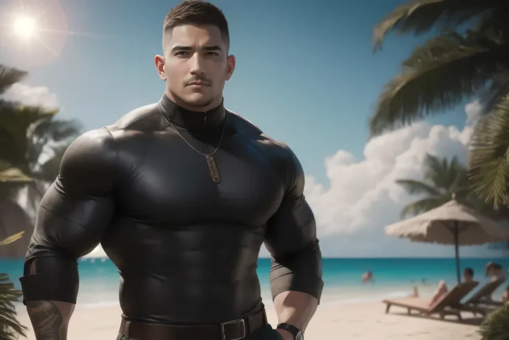 1个 muscular男人在Seaside beach exposed to the hot sun in the open air, VERY STRONG ,exquisite perfect facial features ,Buzz Cut,Buzz Cut,Seaside beach exposed to the hot sun in the open air, 他背靠着脏污的墙壁, He is wearing a high-class luxury high-necked collar ...