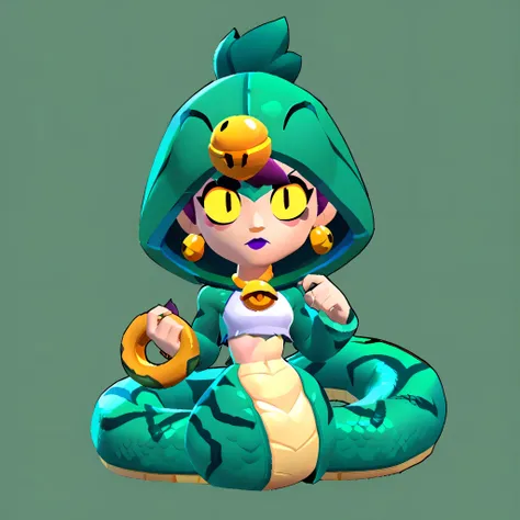 full body view of a woman with a snake body, she is an animal, she has skin made up of carcelle green scales, she has no legs, she has purple lipstick, she has white and black stripes on her snake tail, she has a big yellow bell at the end of her tail, she...