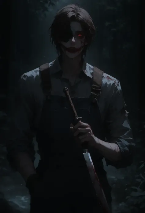 Close-up portrait, 1 man, solo, 24-35 years old, standing in a dark, misty forest at night. His face is hidden behind a creepy homemade mask made of stitched animal hide and cracked porcelain doll pieces, revealing only cold, dull gray eyes that don’t blin...