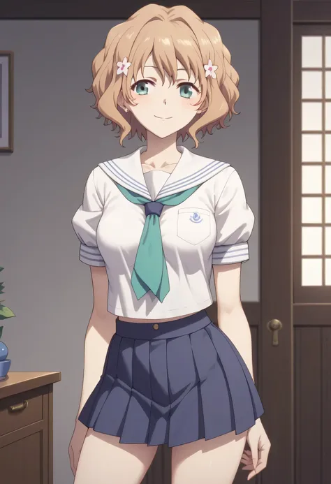 An image of Ohana Matsumae smiling, wearing a Sailor fuko and short blue skirt, medium breasts posing erotically standing in a room , vista posterior desde abajo 
