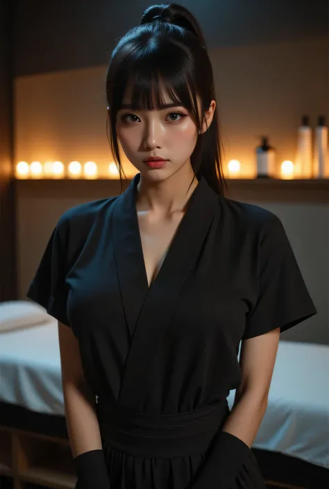 Highest quality, photo realistic, high resolution, masterpiece,
Super beautiful Japanese mature woman, her job is a beauty therapist, looks like a intimidating dominatrix, evil smile, condescending gaze, charm with gaze, staring at the viewer, long false e...