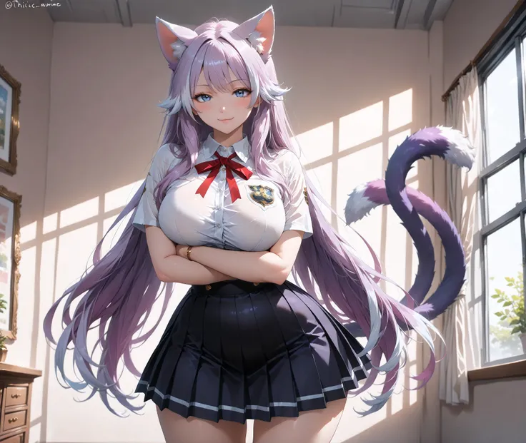 1girl, animal_ears, nekomimi, long purple hair hanging over her ears, cat ears, crystal blue eyes, (((two purple tails with white tips))), dressed in a sexy school girl uniform shirt that is a open and tied tightly below her medium breasts showing her abdo...