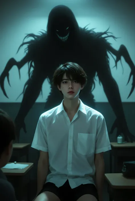A hyper-realistic depiction of a mysterious transfer student introducing himself in class. He is timid, short hair, with a small mole on his left check, piercing eyes, wearing a white shirt and black shorts, school uniform. Behind him, his shadow takes on ...