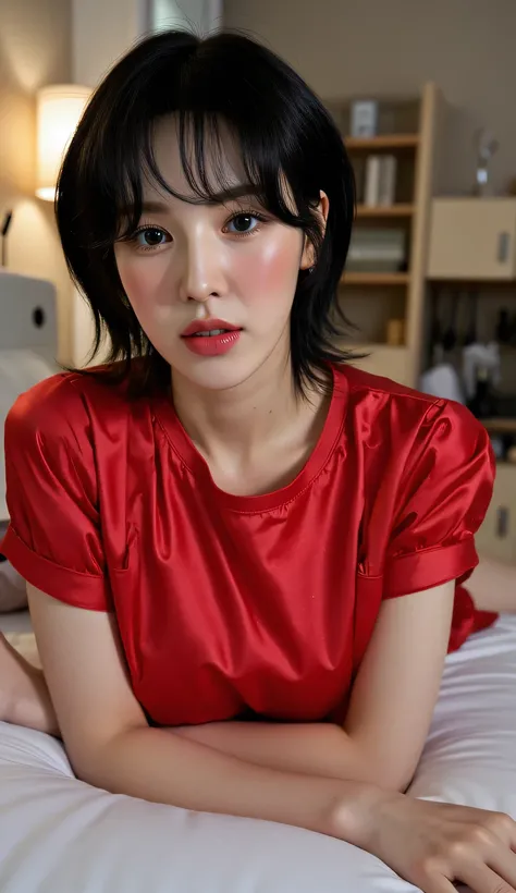 a woman, sleep on your stomach on a mattress, body facing the camera, eyes looking at camera , using red satin material sleeveless wet muslim t-shirt, using black stockings, white highheel shoes, big size G-cup, thick short hair of black color, seductive ...