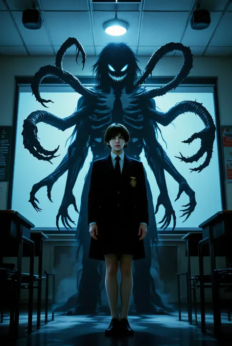 A hyper-realistic depiction of a mysterious transfer student introducing himself in class. Short hair, piercing eyes, wearing a dark yet elegant school uniform. Behind him, his shadow takes on a twisted, monstrous form—elongated fingers, distorted limbs,...