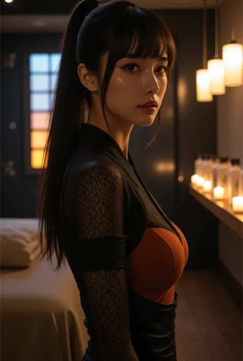 Highest quality, photo realistic, high resolution, masterpiece,
Super beautiful Japanese mature woman, her job is a masseuse, looks like a intimidating dominatrix, evil smile, condescending gaze, charm with gaze, staring at the viewer, long false eyelashes...