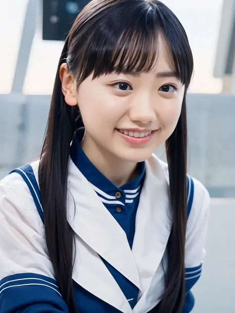 smily, upper body, wearing sailor suit, dark blue, long sleeve, long hair, black hair, bangs, ((looking away:1.2))