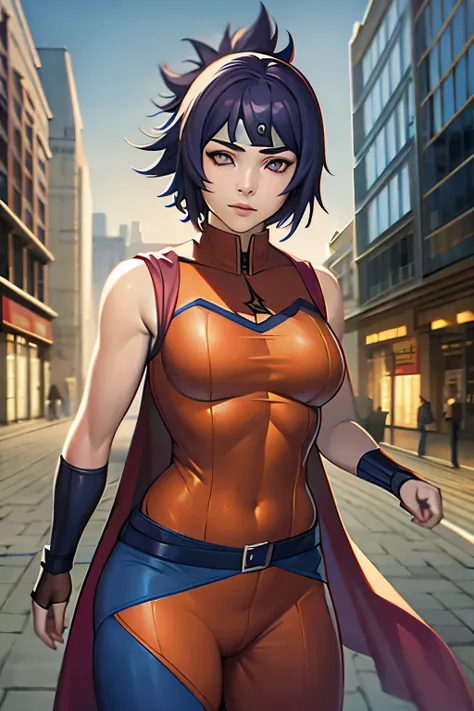 Masterpiece, stunning realistic, best quality,anko mitarashi, as a female superhero, wearing sleeveless superhero costume, long pants superhero costume, and a cape, in the middle of a city
