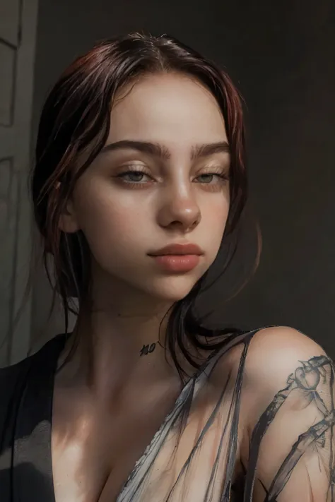 (photorealism:1.2), beautiful woman, messy hair, goth, elegant gothic portrait, mysterious gaze, porcelain skin, red lips, dark eyeshadow, pale complexion, flowing dark hair, dramatic lighting, moody atmosphere, dramatic shadows, cinematic post-processing,...