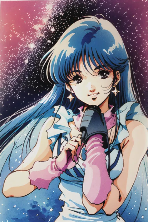1girl, solo, long hair, blue hair, microphone, gloves, jewelry, earrings, anime coloring,masterpiece,detailed skin,shiny skin,beautiful things,3d,holding, space, black eyes, looking at viewer, holding microphone, smile, pink gloves, star (sky), very long h...