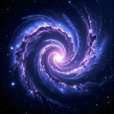 Moving Spiral Galaxy Galaxy with light trails showing rotation, spiral arms in shades of blue and purple, brightly glowing nucleus, twinkling stars along the trails, perspective of the galaxy at a dynamic angle, focusing on the light trails