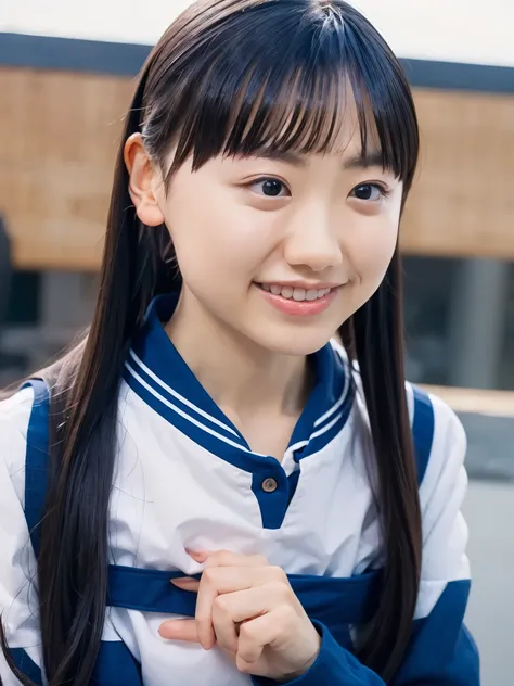 smily, upper body, wearing sailor suit, dark blue, long sleeve, long hair, black hair, bangs, ((looking away:1.3))