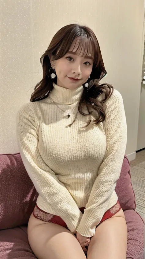 heads that touch the milk with their hands are all within the frame、Rubbing your breasts is a top priority、 silver thin necklace、golden ring earrings 、The upper part of the body is wearing a light gray knit turtleneck sweater that fits the body、The lower b...