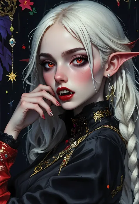 a full body picture of an epic beautiful female vampire, ghostly beauty, wearing transluminescent dress, black silk dress, intricate dress, transluminescent dress, transparent dress, red sleeves, epic beautiful female vampire, pale skin perfect body, gho...