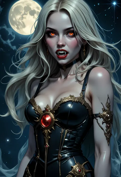a full body picture of an epic beautiful female vampire, ghostly beauty,  wearing transluminescent dress, black silk dress, intricate dress, transluminescent dress, transparent dress, red sleeves, epic beautiful female vampire, pale skin perfect body,  gho...