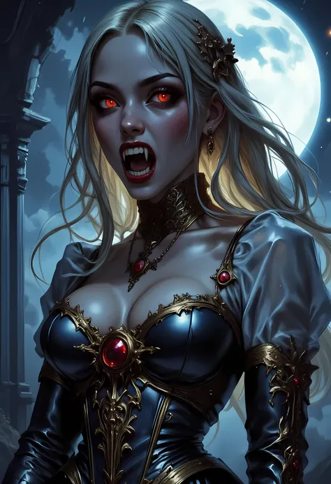 a full body picture of an epic beautiful female vampire, ghostly beauty,  wearing transluminescent dress, black silk dress, intricate dress, transluminescent dress, transparent dress, red sleeves, epic beautiful female vampire, pale skin perfect body,  gho...