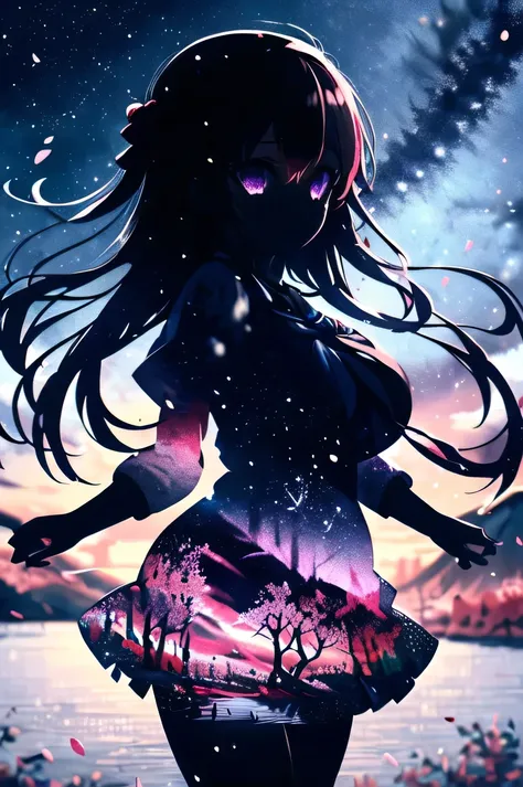 masterpiece, best quality, hoshinoai, purple eyes, (silhouette:1.3), big breasts, star (sky), dress , A split-image showing the same black-haired student in her sailor uniform throughout four seasons: under cherry blossoms in spring, by a shimmering lake i...