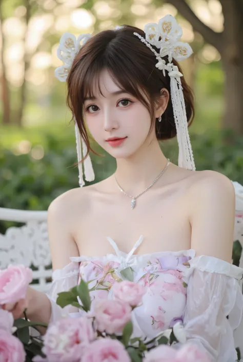 1 girl，Beautiful and moving， floral pattern， glowing skin， charming gaze， Decorative clothing， natural lighting， shallow view deep， romantic environment， dreamy pastel color palette， Whimsical details， Capture on film，(8k, original photo:1.2), best quality...