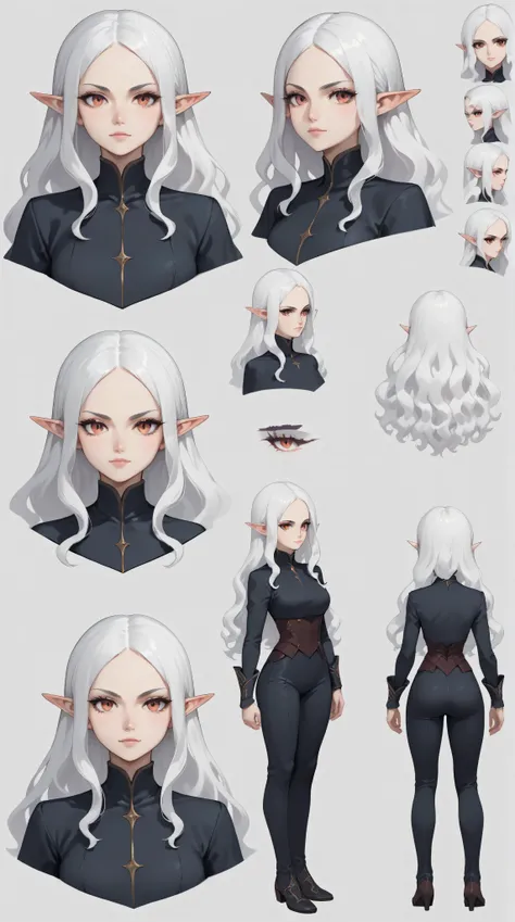 1 menina, Long hair, Rubor, simple background, Olhos roxos, Cornos, pointed ears, white hair, wavy hair, Maquiagem, Multiple Views, model sheet, reference sheet, t-pose