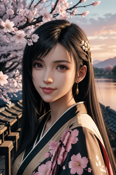 Tifa,FF7, beautiful long black hair,red eyes,PINK LIPS,white skin,A sakura-colored kimono studded with beautiful gold leaf,smile,super high image quality,super quality,masterpiece,DSLR,Photorealistic, Detailed Details,Vivid details,drawn in detail,detailed...