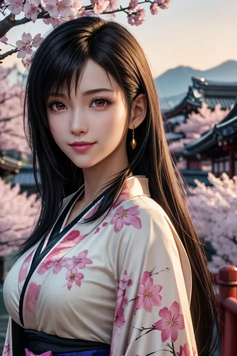 Tifa,FF7, beautiful long black hair,red eyes,PINK LIPS,white skin,A sakura-colored kimono studded with beautiful gold leaf,smile,super high image quality,super quality,masterpiece,DSLR,Photorealistic, Detailed Details,Vivid details,drawn in detail,detailed...