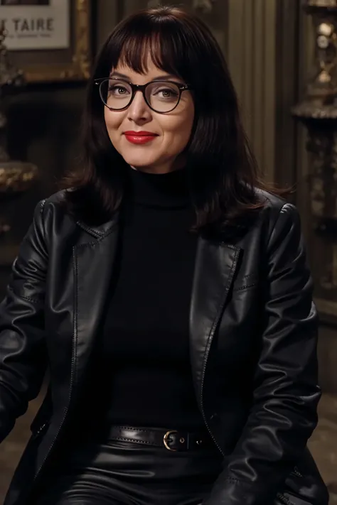Ultrarealistic, 4k, highly detaily picture. Dark brunette Carolyn Jones wearing a black leather suit jacket, wearing black leather turtleneck blouse, wearing glasses, black leather pants, wearing black leather knee high boots. she is smiling. She is sitt...