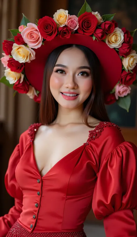 (Enchanting Rose Angel Portrait), a masterpiece of a goddess wearing beautiful roses, the main visual element is a knee-high shot of a breathtakingly beautiful and seductive woman in a wide-brimmed red hat (with a beautiful rose flower decoration), her hap...