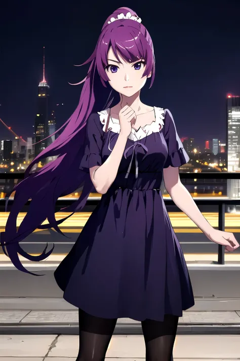 (masterpiece, Best Quality, details), (Perfect hand:1.4), 1girl, (Senjougahara Hitagi), long hair, ponytail, purple hair, ((purple eyes)), medium breasts, bungs, black dress, clavicle, dress, Of the purple blue ribbon, jewelry, ((black pantyhose)), black...
